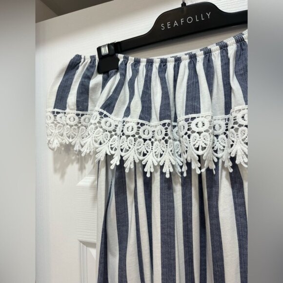 Off Shoulder Boho Stripe Dress White Denim Blue Crochet Trim Cottagecore - Picture 4 of 4